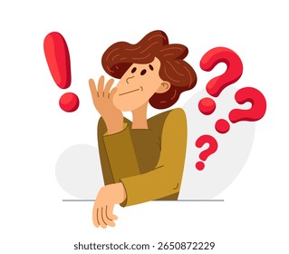 Young man having a doubt and question, vector illustration of a person who is hesitating and thinking about some problem, decide uncertainty.