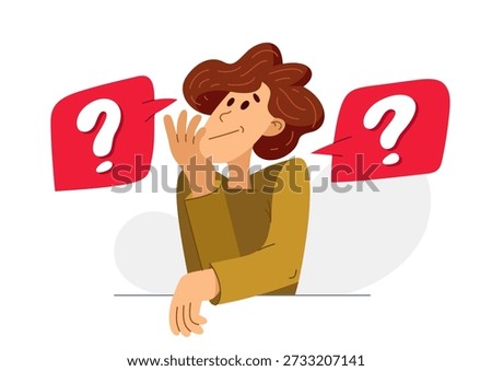 Young man having a doubt and question, vector illustration of a person who is hesitating and thinking about some problem, decide uncertainty.