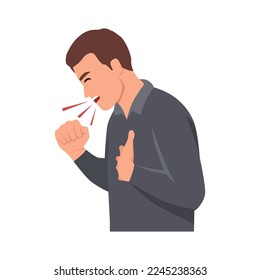 Young man having dry cough. Male person with asthma, allergy or cold. Sick guy. Man with respiratory disease symptom. Flat vector illustration isolated on white background