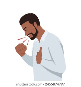 Young man having dry cough. Male person with asthma, allergy or cold. Flat vector illustration isolated on white background