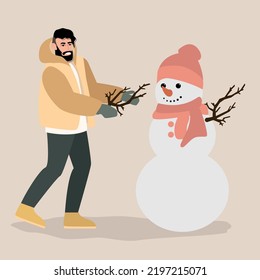 Young Man Having Fun Making Snowman. Wintertime Activities. Vector Illustration