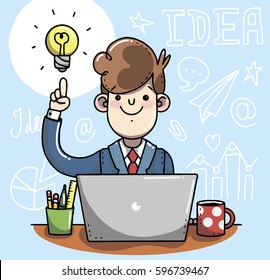 Young Man Having A Good Idea. Business Concept Illustration.