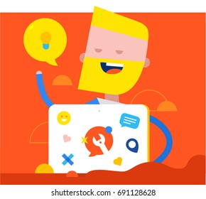 Young Man Having A Good Idea. Business Concept Illustration. Working on the computer programmer, business analysis, design, strategy. Flat vector illustration in cartoon style.