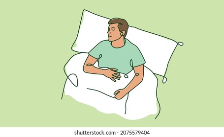 Young man having a good sleep. Line art style vector illustration suitable for calm wellness or health content