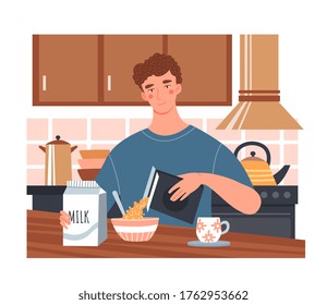 Young Man Having A Healthy Breakfast With Cereal And Milk Seated In His Kitchen At The Table, Colored Vector Illustration