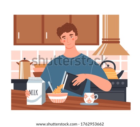 Young man having a healthy breakfast with cereal and milk seated in his kitchen at the table, colored vector illustration