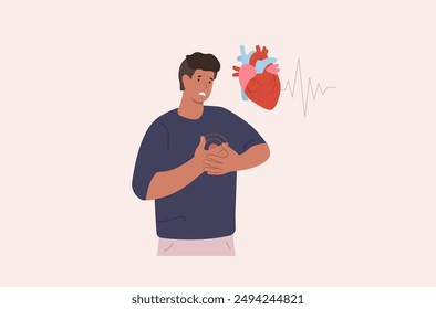 Young man having heart attack. Chest pain and heart illness. Vector