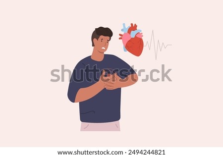 Young man having heart attack. Chest pain and heart illness. Vector