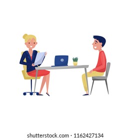 Joven con entrevista de trabajo con especialista en Recursos Humanos, buscador de trabajo y empleador sentados en la mesa y hablando vector Ilustración sobre fondo blanco