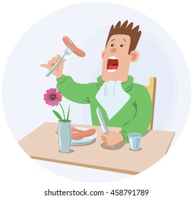 Young man having lunch in a diner. Vector illustration