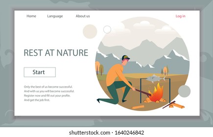 Young Man Having Rest at Nature, Spend Time at Summer Camp in Forest. Tourist Hiker Cooking Fish at Campfire. Hiking, Summertime Activity, Leisure. Cartoon Flat Vector Illustration, Horizontal Banner.