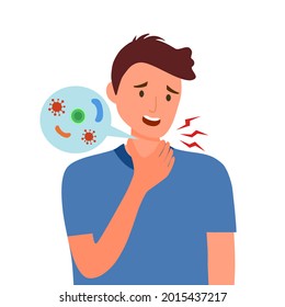 Young man having sore throat symptom from virus or bacteria in flat design on white background. 