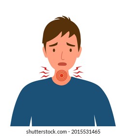 Young man having sore throat symptom from virus or bacteria in flat design on white background.