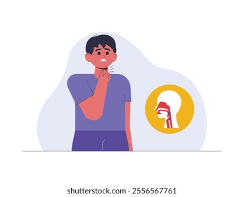 Young man having sore throat, his facial expression shows discomfort due to respiratory system affected by bacteria and viruses, vector illustration of health problem.