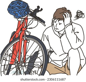 A young man having trouble with his bicycle
