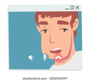 Young Man Having Video Call, People Talking to Each Other on Computer Screen, Working from Home, Social Distancing Concept Vector Illustration