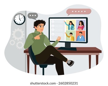 Young man having video conference and meeting with colleagues. Corporate video call, distant discussion. Flat vector illustration.