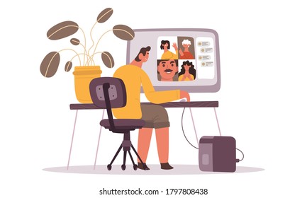 Young man having videoconference with colleagues and work from home web communication. Group of people on computer screen talking by internet. Team meeting online. Vector illustration cartoon style
