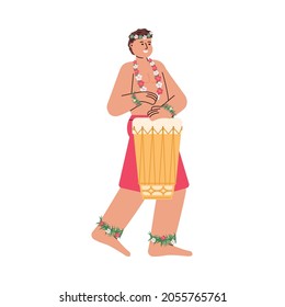 Young Man Hawaiian Hula Dancer And Musician With Drums, Cartoon Flat Vector Illustration Isolated On White Background. Hawaiian Character For Summer Vacation Topic.