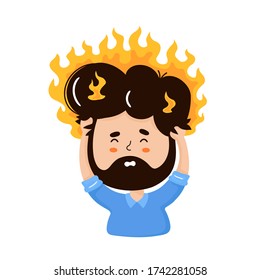 Young man with head ache. Burnout concept. Vector flat cartoon character illustration.Isolated on white background