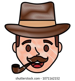 young man head with elegant hat and pipe wooden