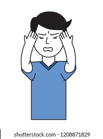 Young man with a headache, guy holding hands to his head. Flat design icon. Colorful flat vector illustration. Isolated on white background.