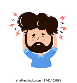 Joven con dolor de cabeza. Concepto de estrés. Ilustración de personajes de dibujos animados planos vectores.Aislados sobre fondo blanco