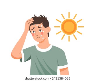 Young man with headache from sunstroke or heat. Healthcare and medicine. Illustration, vector