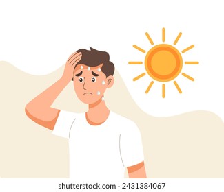 Young man with headache from sunstroke or heat. Healthcare and medicine. Illustration, vector