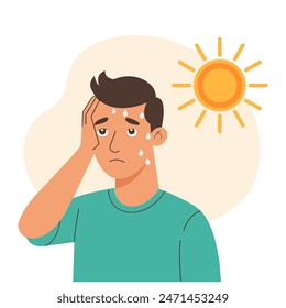 Young man with headache from sunstroke or heat. Healthcare and medicine. Illustration, vector