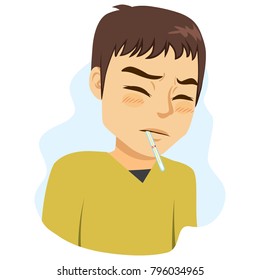 Young man with headache and thermometer on mouth measuring fever symptom