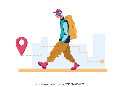 Young man in headphones carries heavy backpack. Guy delivers orders around neighborhood. Male foot courier delivering package to destination. Color vector image in flat style