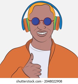Young man with headphones cheerful futuristic appearance