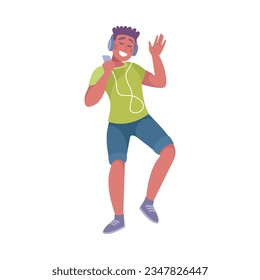 Young Man with Headphones Dancing to Music Moving Body Vector Illustration