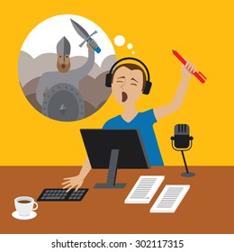 Young man with headphones, dreaming and singing - cute flat illustration (vector illustration eps 10)