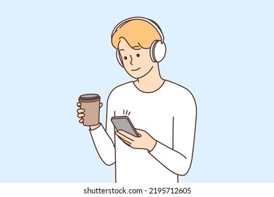 Young Man Headphones Drinking Coffee Texting Stock Vector (Royalty Free ...