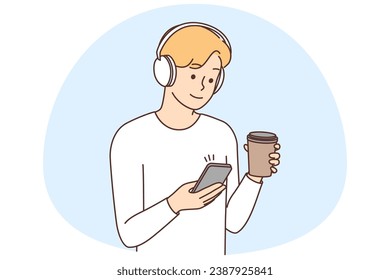 Junge Leute in Kopfhörern trinken Kaffee Texting auf Smartphone. Lächelnder Typ in Ohrhörern mit Abnehmen trinken Chat auf Zelle. Vektorgrafik.