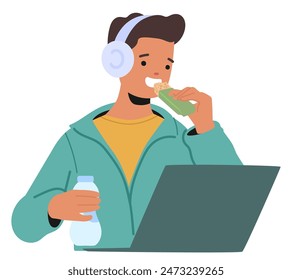 Young Man In Headphones And Enjoying A Healthy Snack While Working On His Laptop. Character Holding A Bottle Of Water, Promoting Healthy And Productive Lifestyle Choices. Cartoon Vector Illustration