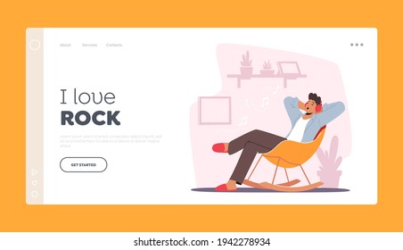 Young Man in Headphones Enjoying Rock Music Landing Page Template. Male Character Wearing Earphones Sitting in Relaxed Pose on Armchair at Home. Relax Sparetime, Leisure. Cartoon Vector Illustration