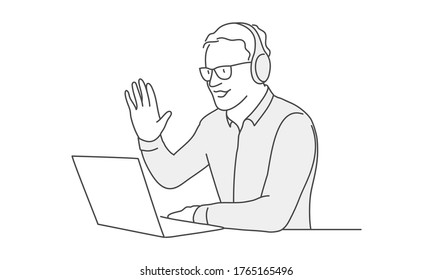 Young man in headphones and glasses talking in a video conference. Line drawing vector illustration.