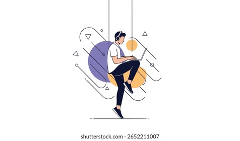 Young Man with Headphones and Laptop Levitating Mid-Air in a Dynamic Abstract Digital Art Illustration Style