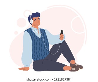 Young man in headphones listening to audio program, music, audiobook on smartphone, flat vector illustration. Podcasting, online education, radio podcast.