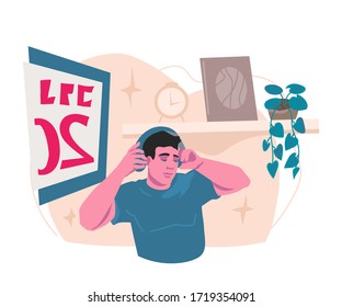 Young man in headphones listening to educational or entertaining podcast or online course at home. Distance education and online schooling, internet training webinar. Flat vector illustration isolated
