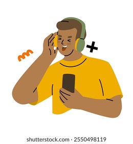 Joven con auriculares escuchando música y bailando. Buen sentimiento y felicidad. Escuchando podcasts de audio. Ilustración vectorial aislada sobre fondo transparente.