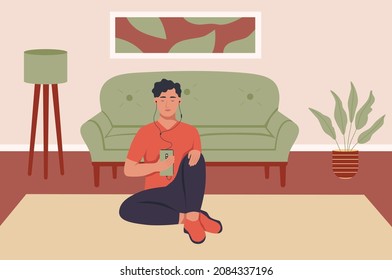 A young man with headphones and a phone at home. The guy listens to music, podcast, audiobook. Flat vector illustration