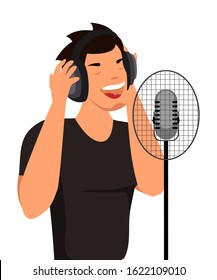 Young man in headphones singing song in microphone. Male cartoon character recording song in audio studio. Radio broadcaster, singer vocalist, artist isolated on white. Vector illustration design