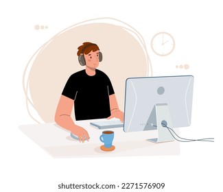 Young man in headphones sits at table in front of computer monitor, typing on keyboard. Concept of modern office of an analyst, financier, software developer, student. Vector illustration. 