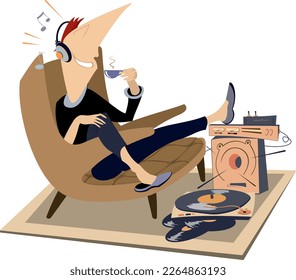 Young man in headphones sitting in the armchair, listening music and drinking cup of coffee or tea. Illustration on white background
