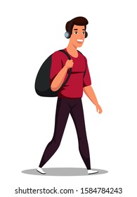 Young man in headphones walking with backpack. Teenage male character. Listening to music and travelling. Modern leisure, outdoor rest and recreation. Vector flat cartoon illustration