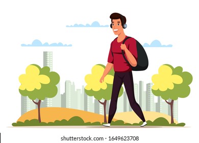 Young man in headphones walking with backpack in park. Teenage male character. Listening to music and travelling. Modern leisure, outdoor rest and recreation. Vector flat cartoon illustration